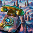 Vintage Telephone Floating in Cosmic Landscape with Sparkling Jewels