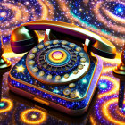 Colorful Cosmic-Themed Rotary Phone Illustration with Galaxy Pattern