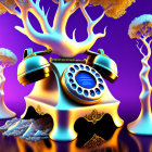 Gold retro rotary phone and cone on surreal purple background with stylized trees