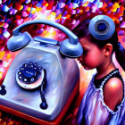 Curious girl in blue dress examines rotary telephone in colorful setting