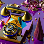 Abstract retro golden rotary phone on multicolored geometric base with floating gold and purple shapes