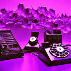 Vintage audio equipment with rotary phone under purple neon lights