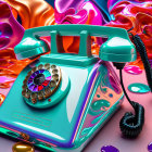 Colorful Surrealist Image with Glossy Turquoise Rotary Dial Phone