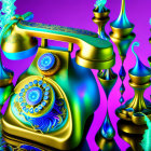 Surreal vintage telephone with melting details on purple background