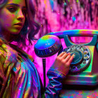 Colorful-haired person with blue retro telephone in pink neon room