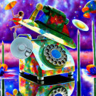 Colorful Artwork: Rotary Phone in Cosmic Setting