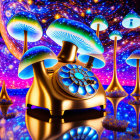 Surreal digital art: vibrant mushrooms, golden mask, cosmic background