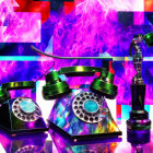 Vintage rotary telephones in surreal flames with neon lighting and reflections.