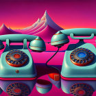 Vintage Turquoise Phones on Surreal Pink & Purple Landscape