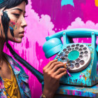 Young woman with paint smears holding vintage phone on colorful background