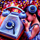 Young girl in patterned dress examining old rotary telephone against floral backdrop