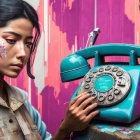 Braided Hairstyle Woman with Rotary Telephone on Colorful Background