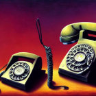 Vintage Surreal Art: Two Telephones on Wooden Surface