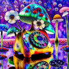 Vibrant psychedelic artwork: whimsical turtle in fantasy mushroom forest