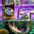 Surreal underwater scene with vintage rotary phones and coral-like growths