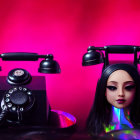 Vintage rotary phone and mannequin head with headset on pink backdrop showcase technology and fashion contrast.