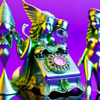 Metallic Fantasy Figures with Old-Fashioned Telephone in Purple and Yellow Hues