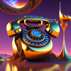 Surreal golden rotary telephone in fantastical purple sky