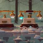 Vintage scales in snowy forest with melting ice, holding blue crystal and water orb