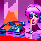 Pink-haired female figure with headphones, goggles, vintage phone, books, and abstract shapes on vibrant background