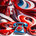 Vibrant artwork: Woman with red and white hair and classic telephone on blue background