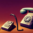 Surreal artwork with vintage telephone and modern calculator against amber backdrop