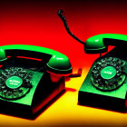 Vintage rotary dial telephones on yellow surface with lifted handset