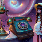 Vintage girl in brass helmet with retro-futuristic phone and space-themed backdrop.