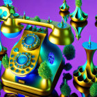 Colorful Surrealist Art: Vintage Telephone & Whimsical Structures