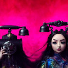 Large-eyed doll with monochromatic makeup near old rotary phone on red background