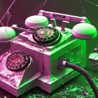 Dusty rotary telephones with cobwebs, one handset off cradle, in green and purple light