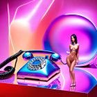 Woman posing with vintage blue telephone in colorful setting.