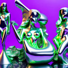 Abstract metallic female figures on vibrant purple background with reflective spheres