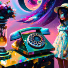 Colorful digital artwork: Girl in yellow dress with retro phone, cosmic background.