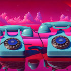 Vintage Rotary Phones Entangled in Surreal Pink Landscape