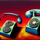 Vintage rotary dial telephones with lifted receivers on red background, altered with vibrant blue tones