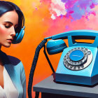 Woman with headphones listens to retro blue rotary phone on vibrant multicolored background