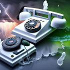 Surreal digital artwork: rotary phone, mobile, stormy environment