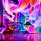 Colorful Abstract Smoke Swirls Around Antique Telephone Under Dynamic Lighting