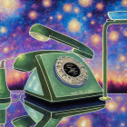 Child with headphones and vintage green rotary phone in cosmic background