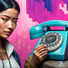 Woman with vibrant makeup and braid holding retro teal rotary phone against graffiti background