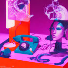 Surreal neon-colored retro objects with woman's face under pink light