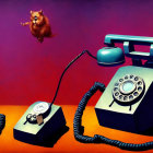 Surreal Artwork: Stylized Figures on Rotary Phones in Purple and Red Background