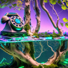 Surreal landscape featuring rotary phone in tree above miniature city