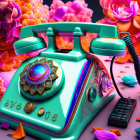 Colorful surreal image: Teal rotary phone with swirling pattern amid oversized flowers and confetti