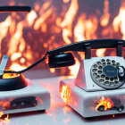 Vintage rotary phone and answering machine engulfed in flames