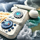 Vintage rotary phone adrift in stormy ocean with lightning bolts