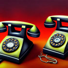 Vintage rotary phones in yellow and red with cords tangled on red background