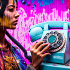 Colorful Makeup Portrait with Retro Phone on Graffiti Background