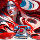 Detailed artwork: Woman with flowing red hair and red rotary phone on swirling blue background